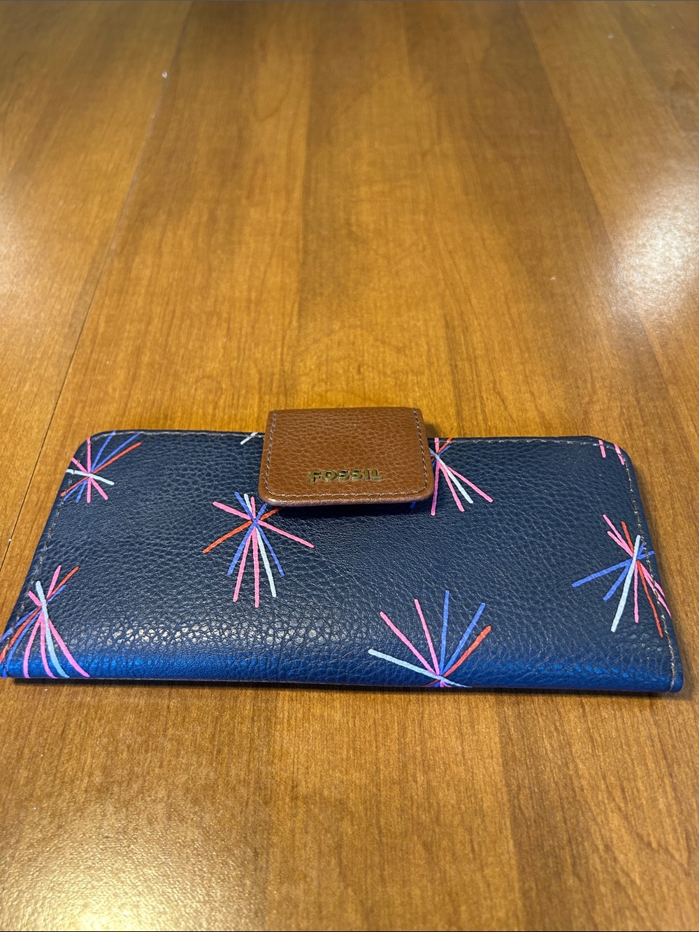 Fossil Navy Floral Burst Leather Card Holder Wallet with Brown Snap